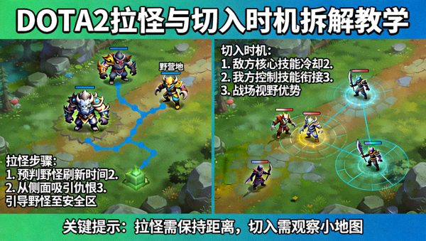 DOTA2拉怪与切入时机拆解教学示意图